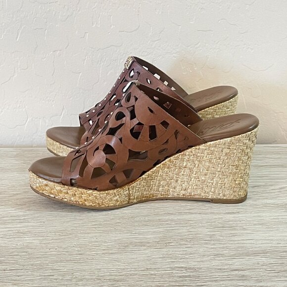 Brighton Sandals 6 Daria Brown Leather Silver Charm Woven Platform Wedge Slide - Picture 4 of 11